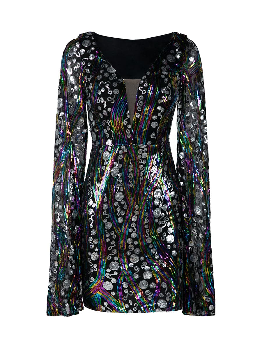 V-Neck Flared Sleeve Multicolor Sequin Mini Dress XJ1936